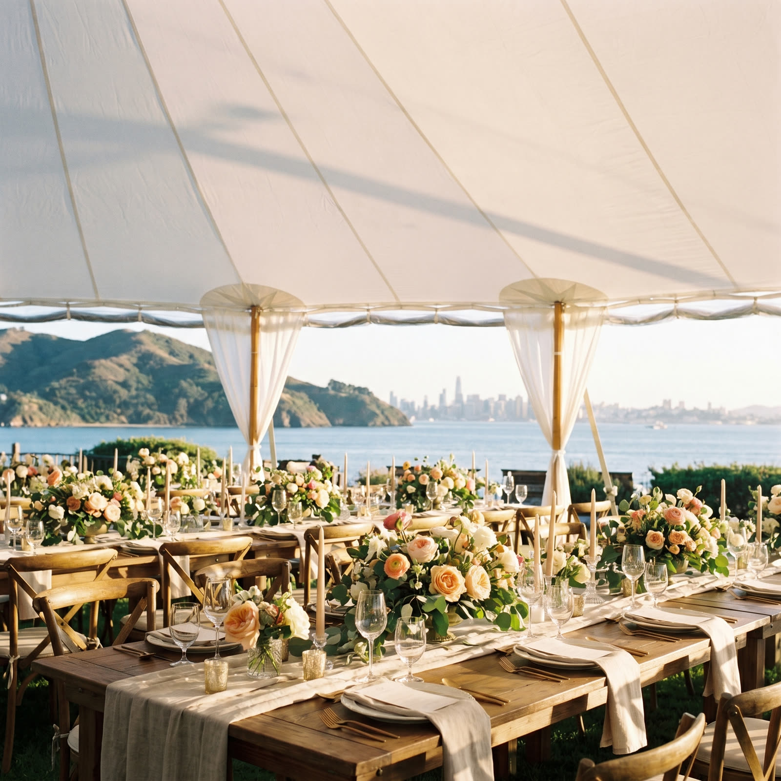 Sailcloth tent interior with peach florals overlooking the bay