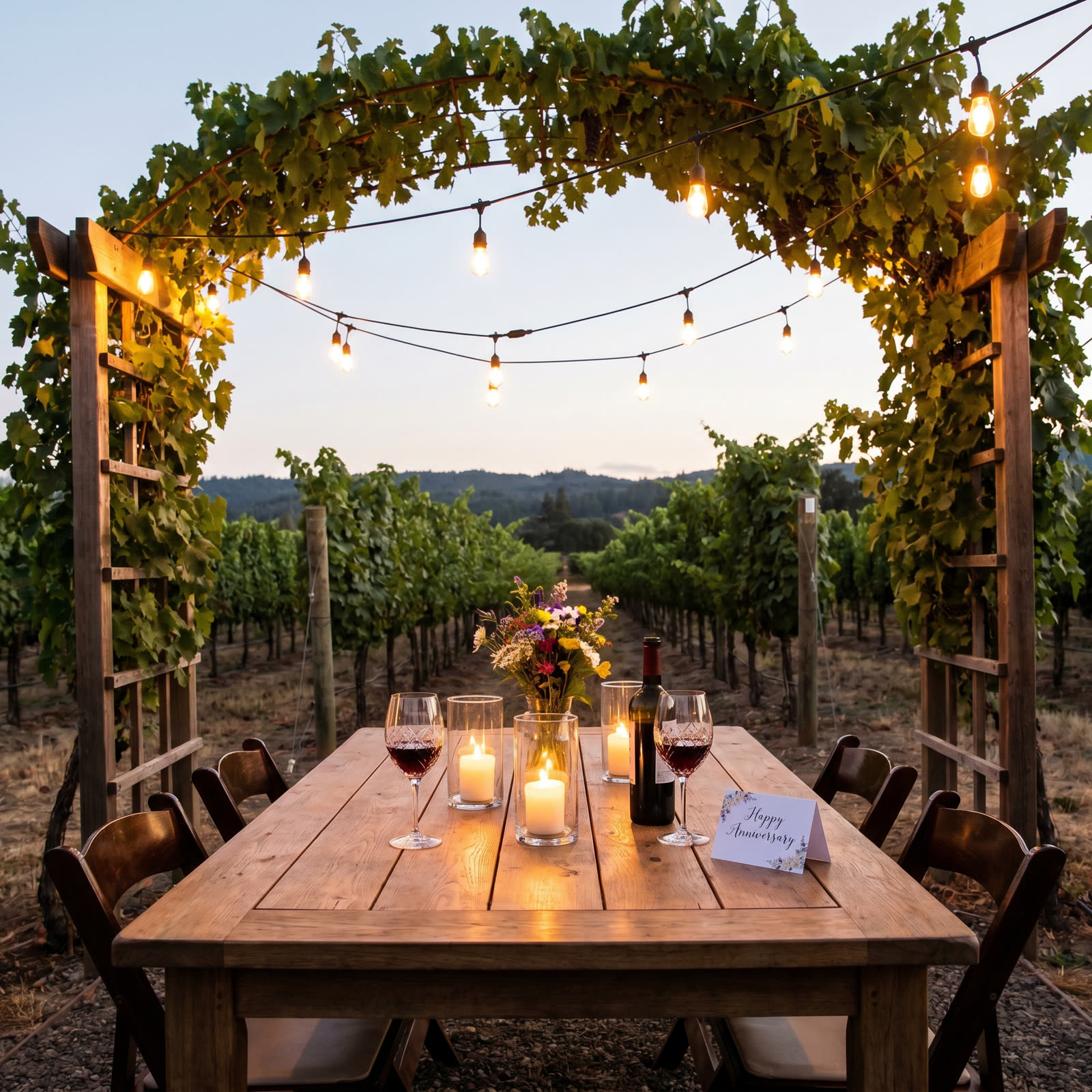 Intimate dinner under a grapevine arbor in a Napa vineyard