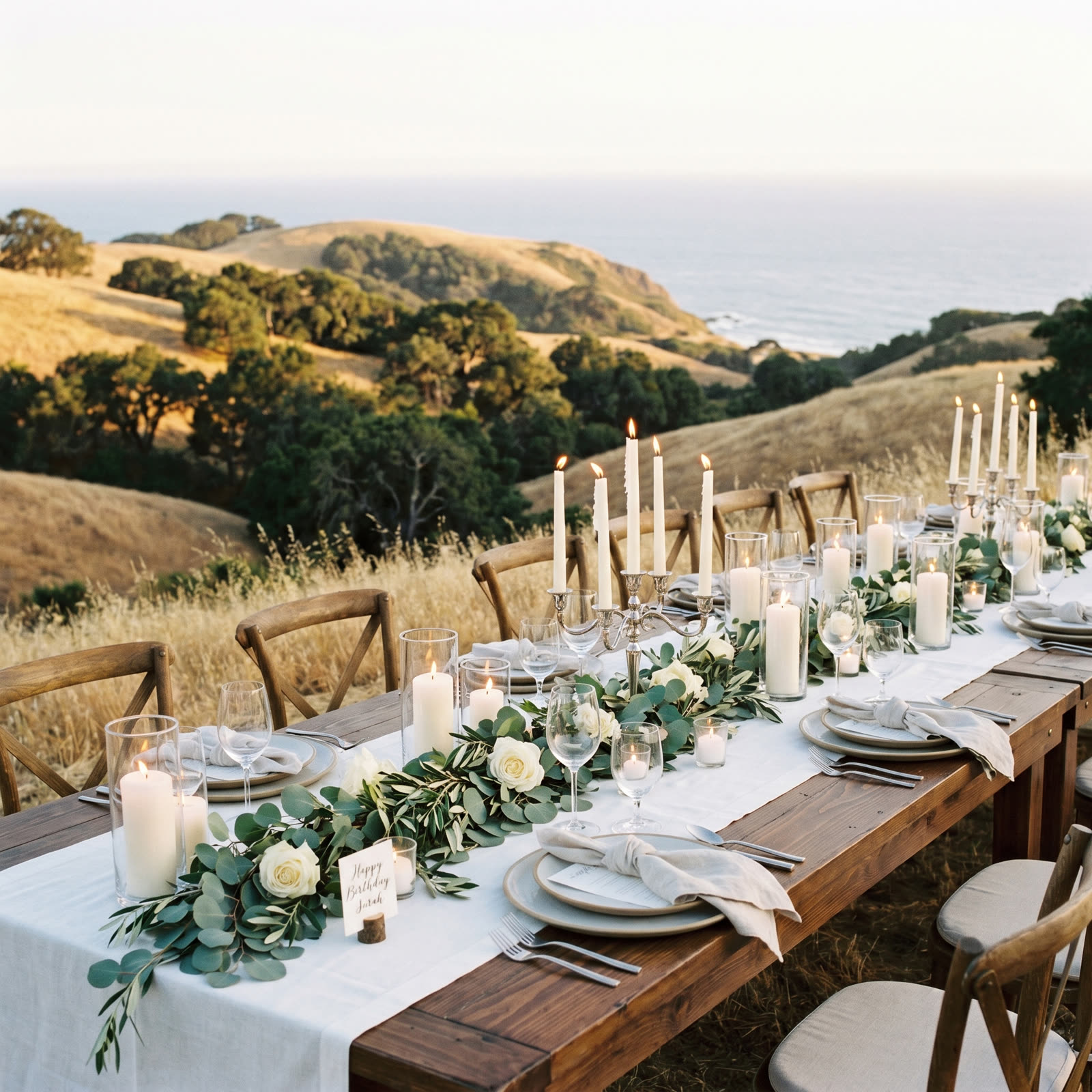 Long farmhouse table with eucalyptus garland and candles, Marin hills